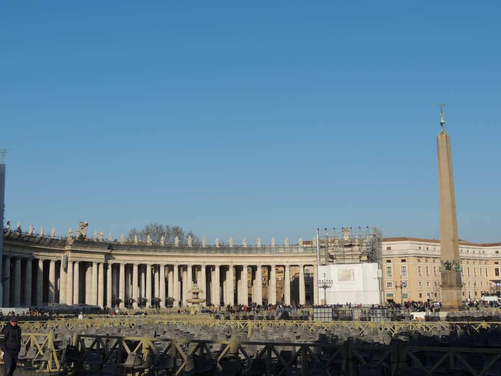 St Peter's square, currently filled with chairs for the (final) speech from the pope. Bernini made the centre curved to make it appear as if the monuments were smaller than they actually were