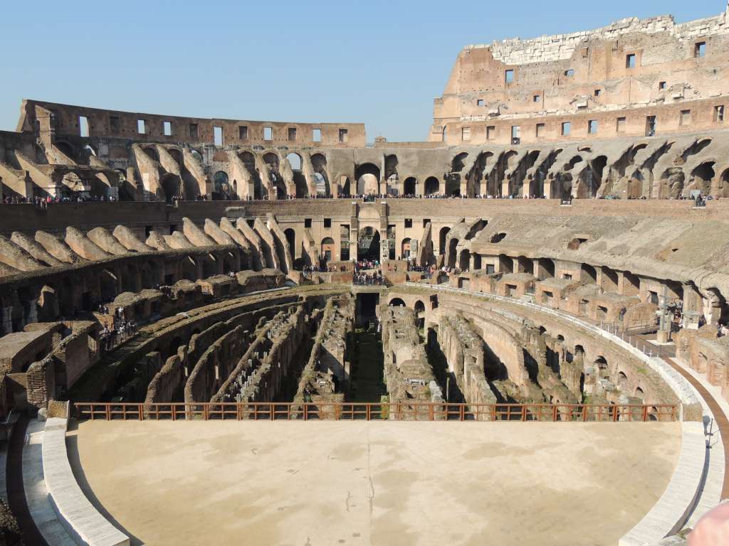 Colosseum showing the decking, animal tunnels, as well as where part of the upper area had either been torn down or fallen during an earthquake