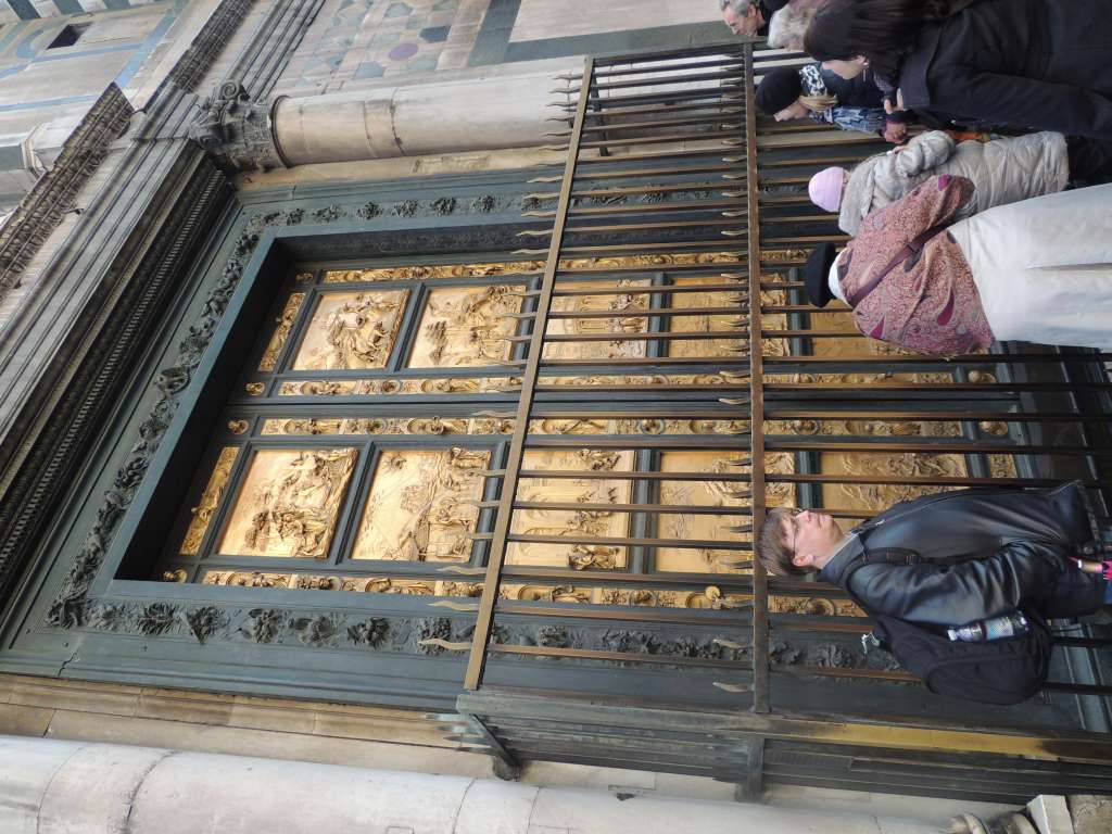 The bronze doors of the baptistry at the Duomo two of which were designed by  Lorenzo Ghiberti who inspired Michelangelo. The originals are being restored elsewhere