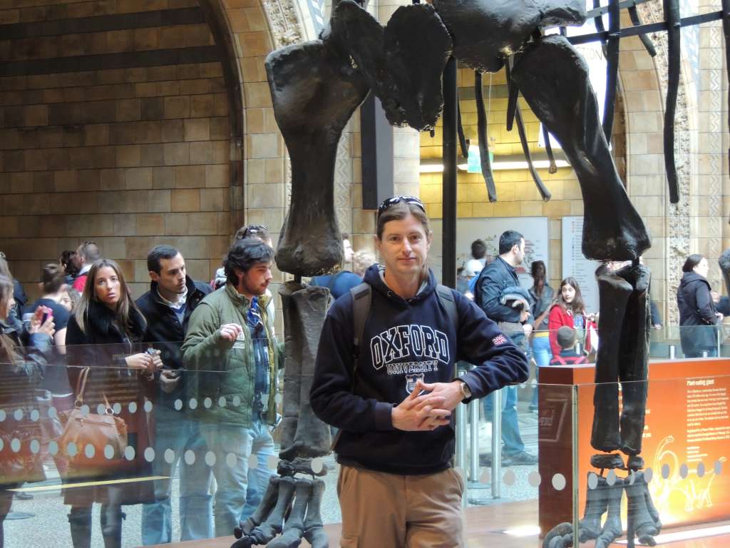 Standing beneath the skeleton of the Diplodocus.