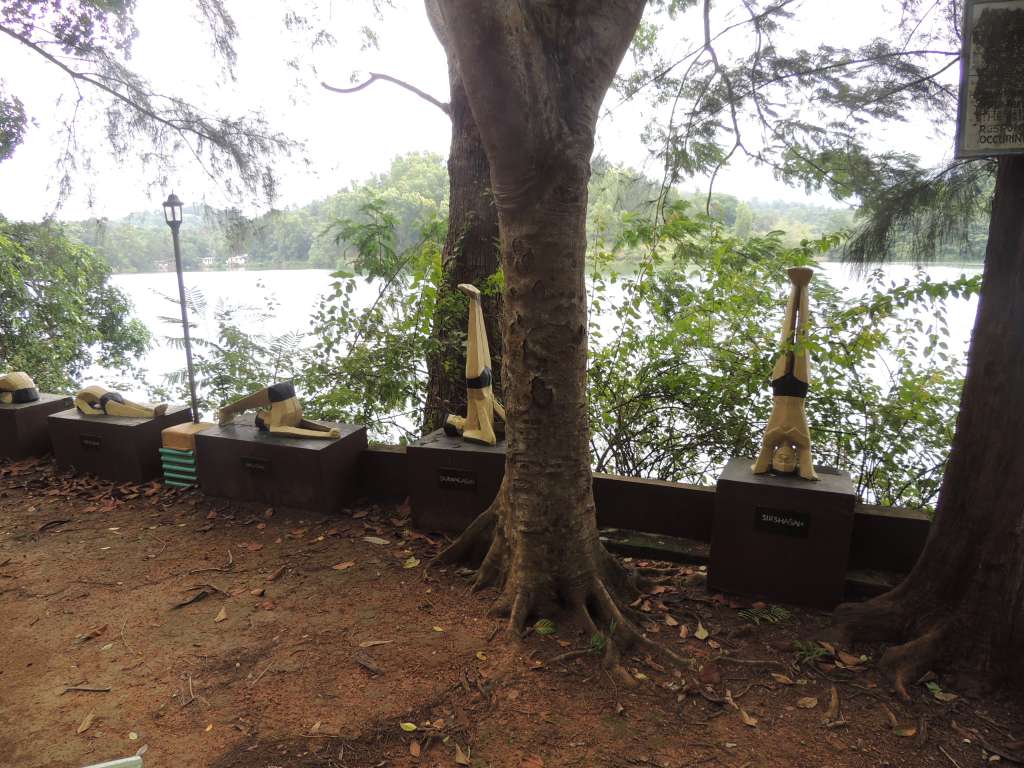 Statues in yoga poses near the dam