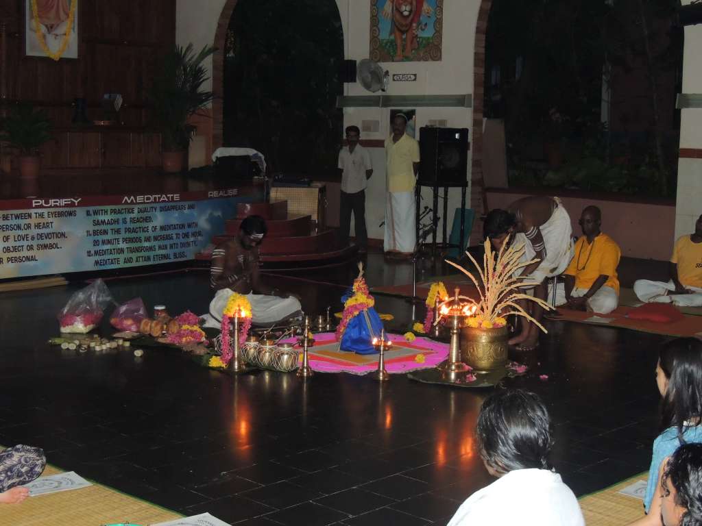 Ceremonial setup for the anniversary of Swami Sivananda's passing.